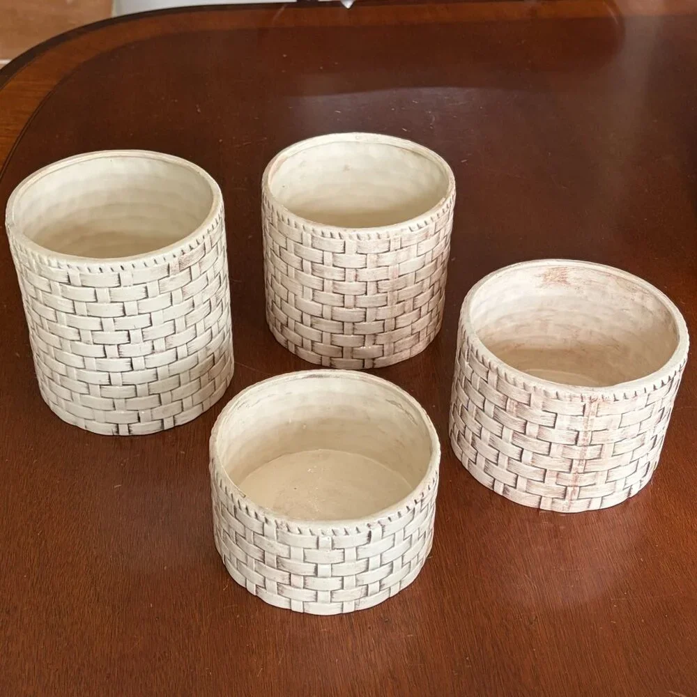 Vintage Set of 4 Faux Basket Weave Ceramic Planters Cachepots Farmhouse Rustic - Picture 7 of 11